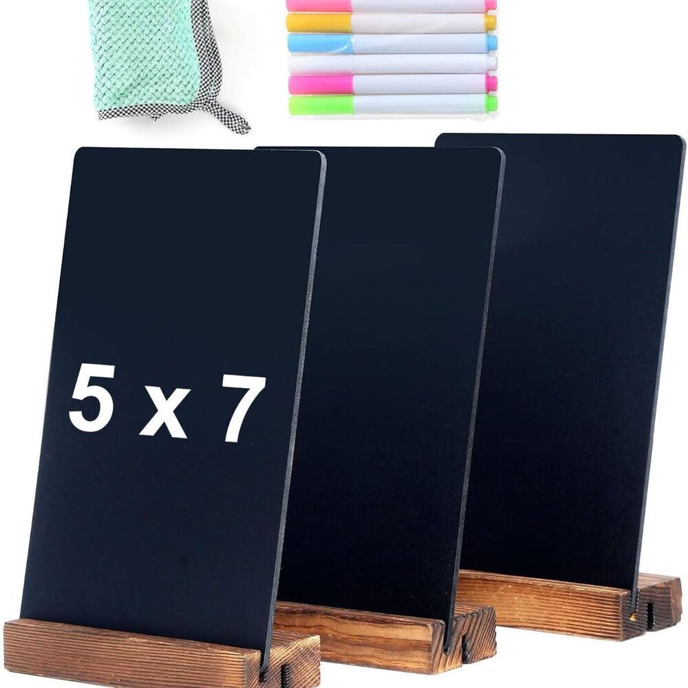 3Pack 5.1x7.9 in Blackboard Sign Double Sided with Wood Base Message Chalkboard